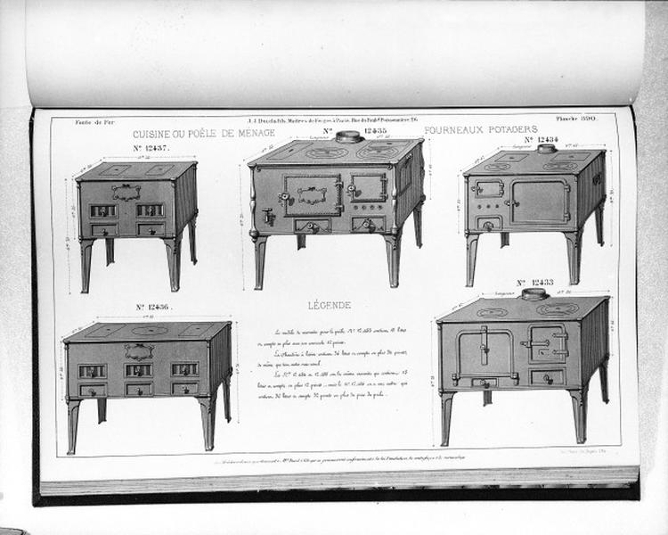 Planche 390 du catalogue de la fonderie d'art Ducel : cuisine ou poêle de ménage, fourneaux potagers.