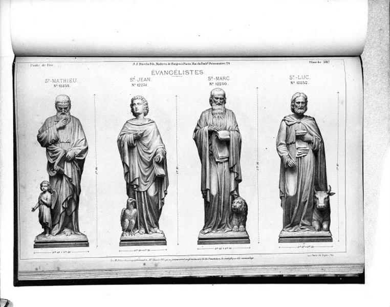 Planche 387 du catalogue de la fonderie d'art Ducel : statues des quatre évangélistes (saint Mathieu, saint Jean, saint Marc et saint Luc)