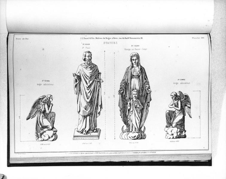 Planche 386 du catalogue de la fonderie d'art Ducel : statues d'anges adorateurs, de saint Paul et de la Vierge au Sacré Coeur.