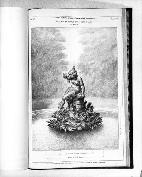 Planche 405 du catalogue de la fonderie d'art Ducel : roseaux et statue pour jets d'eau.
