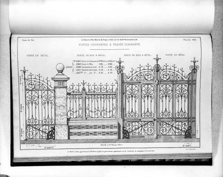 Planche 402 du catalogue de la fonderie d'art Ducel : portes ouvrantes et travées dormantes.