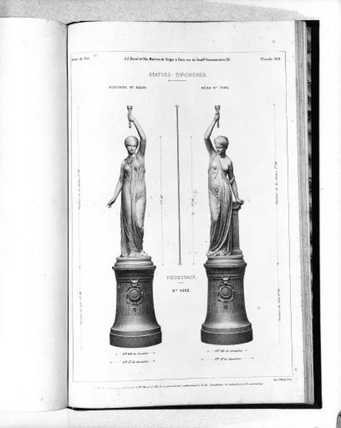 Planche 399 du catalogue de la fonderie d'art Ducel : statues torchères sur piédestaux.