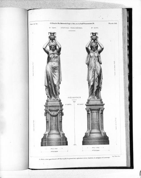 Planche 398 du catalogue de la fonderie d'art Ducel : statues-torchères.