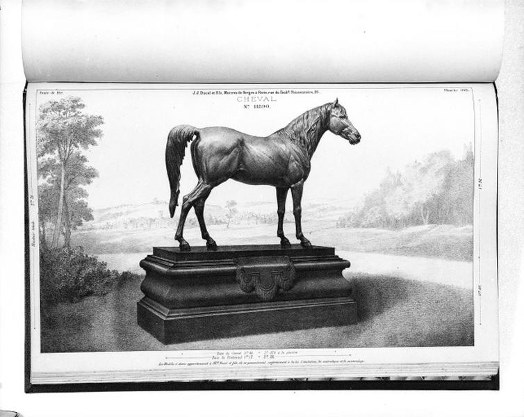 Planche 395 du catalogue de la fonderie d'art Ducel : statue d'un cheval.