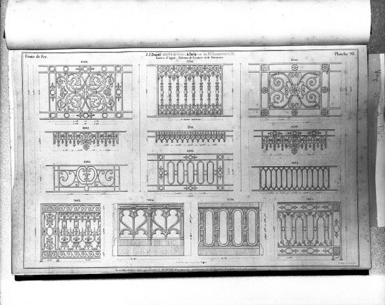 Planche 98 du catalogue de la fonderie d'art Ducel : barres d'appui, balcons de croisée et de terrasse.