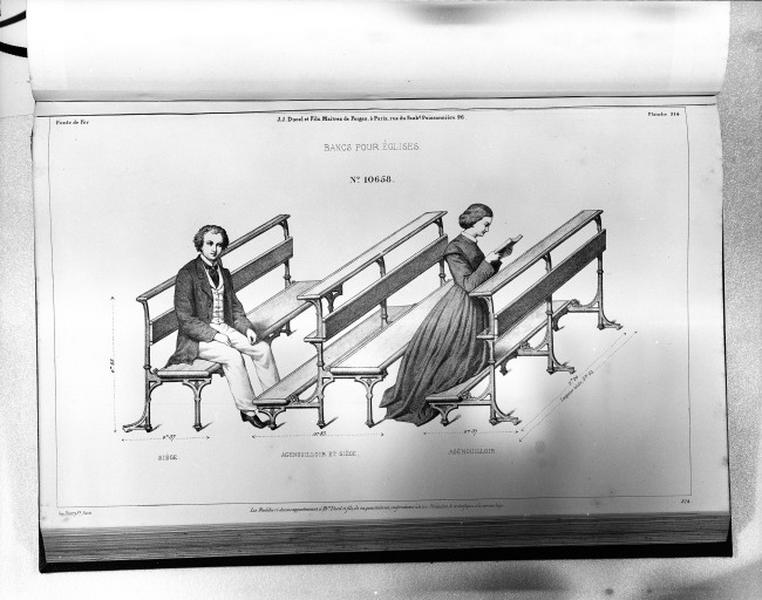 Planche 314 du catalogue de la fonderie d'art Ducel : bancs pour églises.
