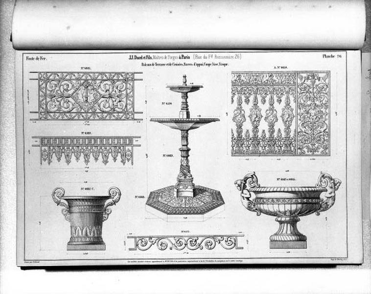 Planche 76 du catalogue de la fonderie d'art Ducel : balcons de terrasse et de croisées, barres d'appui, coupe, vase, vasque.
