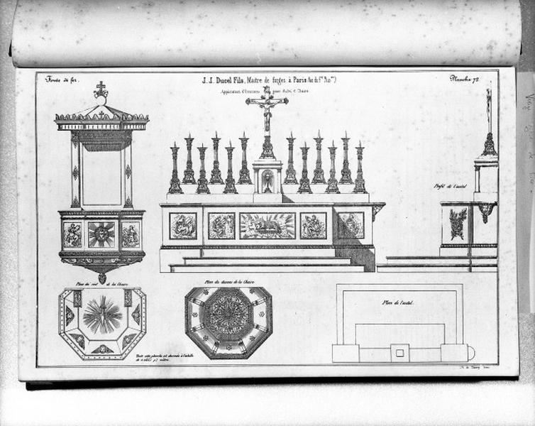 Planche 72 du catalogue de la fonderie d'art Ducel : application d'ornements pour autel et chaire.