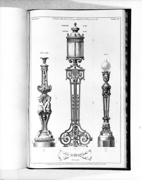 Planche 431 du catalogue de la fonderie d'art Ducel : candélabre et lanterne.