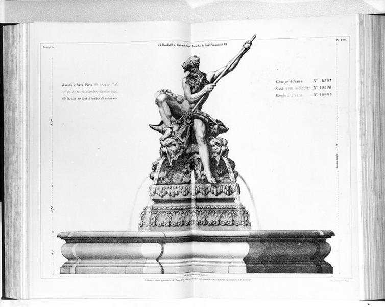 Planche 208 du catalogue de la fonderie d'art Ducel : bassin à huit pans, groupe-fleuve, socle.