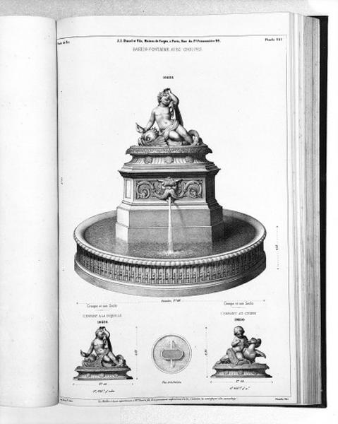 Planche 241 du catalogue de la fonderie d'art Ducel : bassin-fontaine avec groupes.