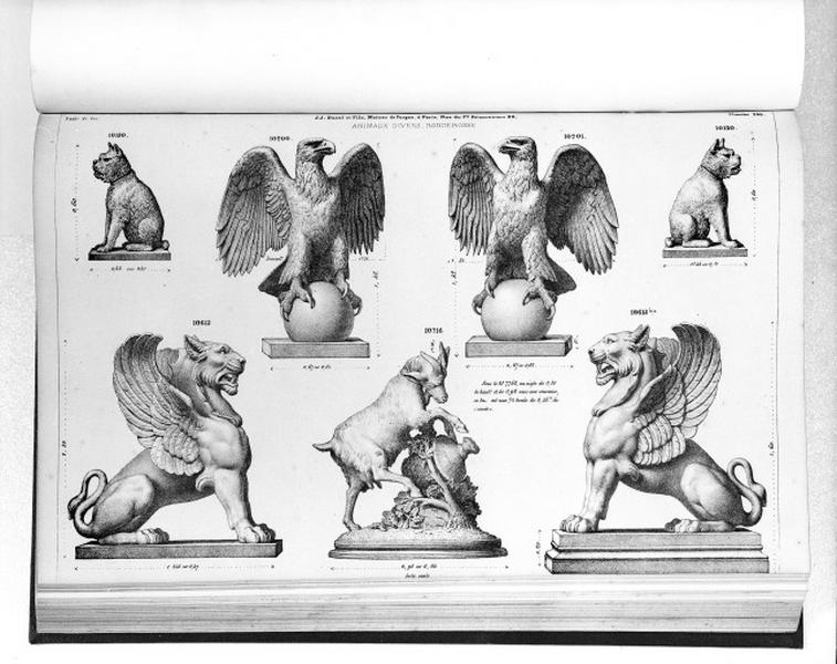 Planche 238 du catalogue de la fonderie d'art Ducel : animaux divers, rondebosse.