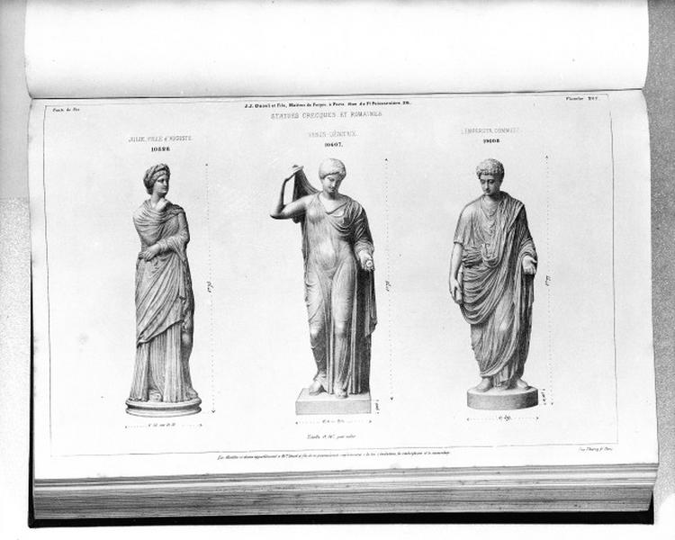 Planche 237 du catalogue de la fonderie d'art Ducel : statues grecques et romaines (Julie fille d'Auguste, Vénus-Génitrix, l'empereur Commode).