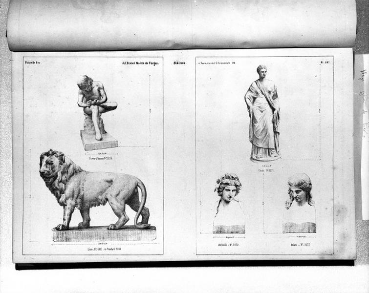 Planche 107 du catalogue de la fonderie d'art Ducel : statues d'un tireur d'épines, d'un lion, de Cérès, d'Antinoüs et d'Ariane.