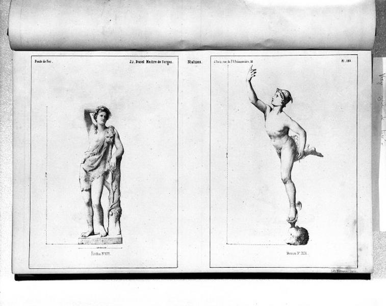 Planche 105 du catalogue de la fonderie d'art Ducel : statues de Bacchus et de Mercure.