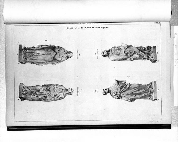 Planche 120 du catalogue de la fonderie d'art Ducel : statues en fonte de fer, ou en bronze, ou en plomb (saint Pierre, saint Jean l'évangéliste, saint Jean disciple et Mater Dolorosa).