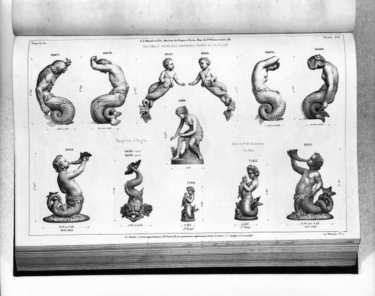 Planche 213 du catalogue de la fonderie d'art Ducel : tritons et néréides, dauphins, Vénus au papillon.