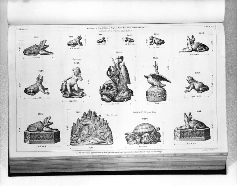Planche 214 du catalogue de la fonderie d'art Ducel : attributs pour les eaux.