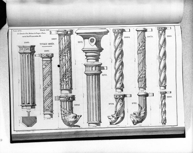 Planche 341 du catalogue de la fonderie d'art Ducel : tuyaux ornés.