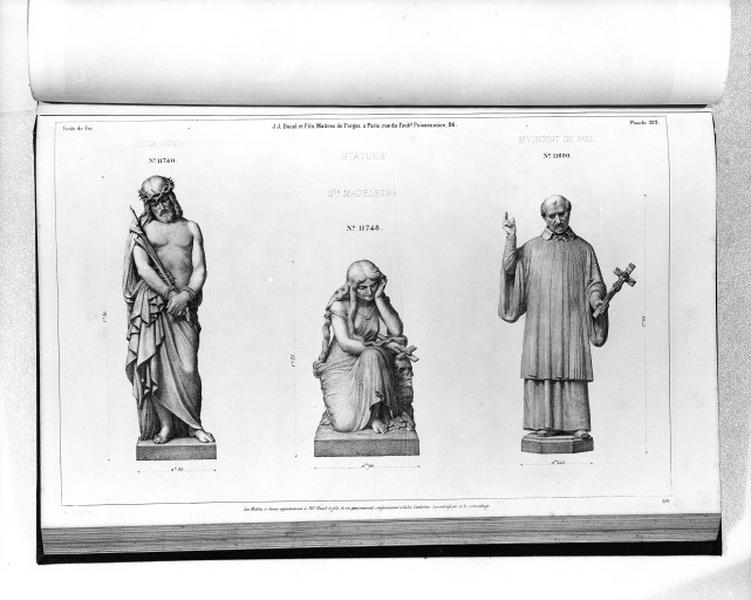 Planche 322 du catalogue de la fonderie d'art Ducel. Statues : Ecce Homo, sainte Madeleine et saint Vincent de Paul.
