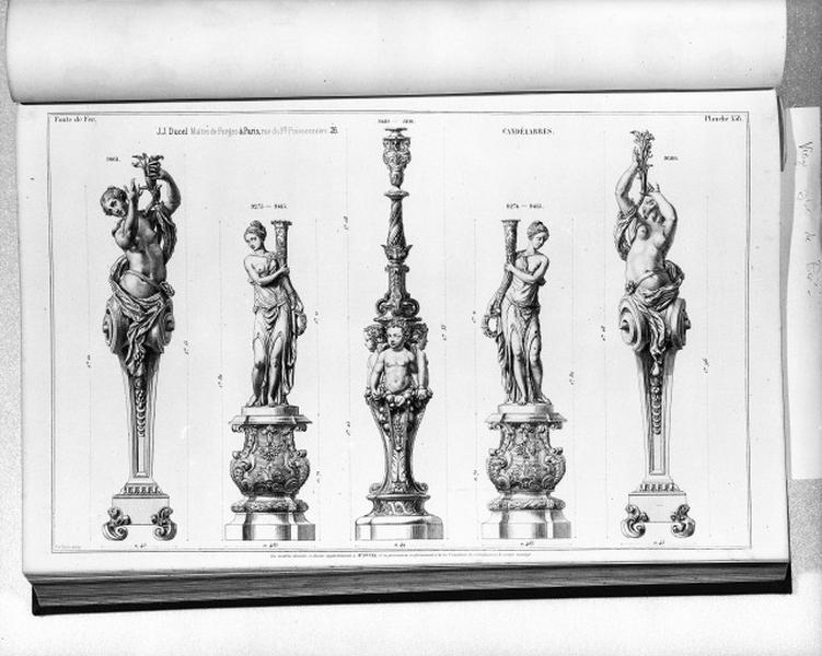 Planche 158 du catalogue de la fonderie d'art Ducel : candélabres.