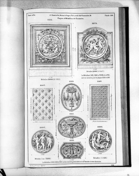 Planche 339 du catalogue de la fonderie d'art Ducel : plaques et médailles de cheminées.