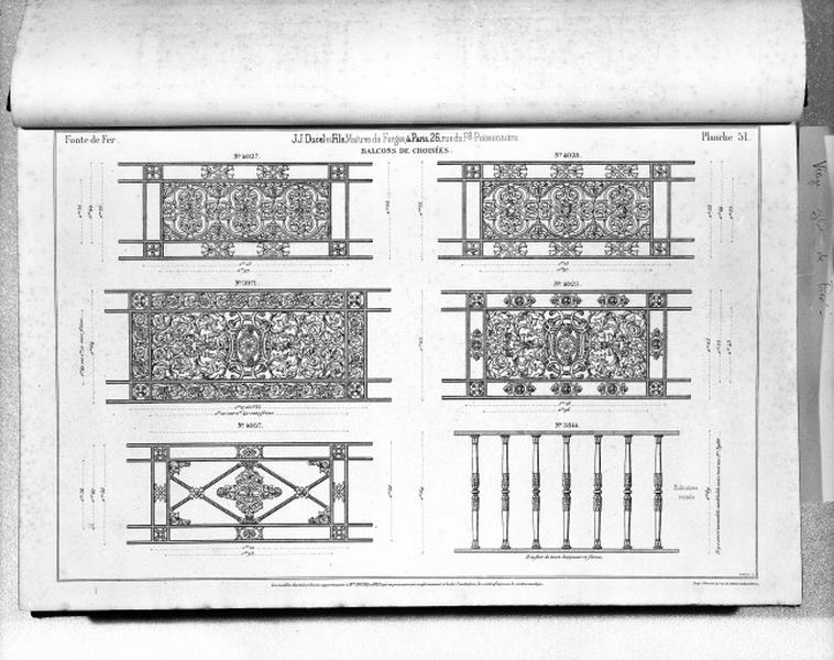 Planche 51 du catalogue de la fonderie d'art Ducel : balcons de croisées.