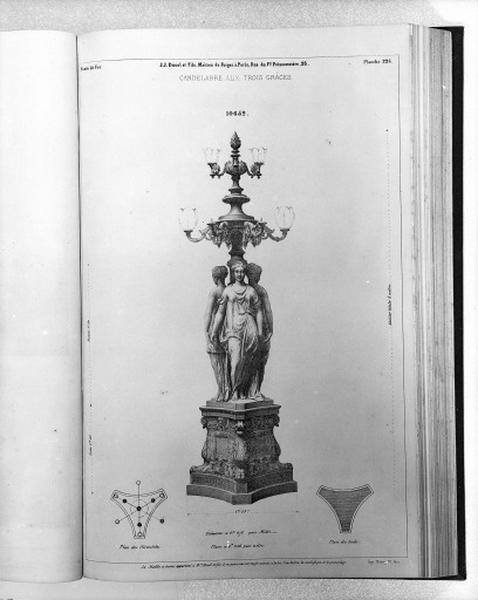 Planche 226 du catalogue de la fonderie d'art Ducel : candélabre aux Trois Grâces.