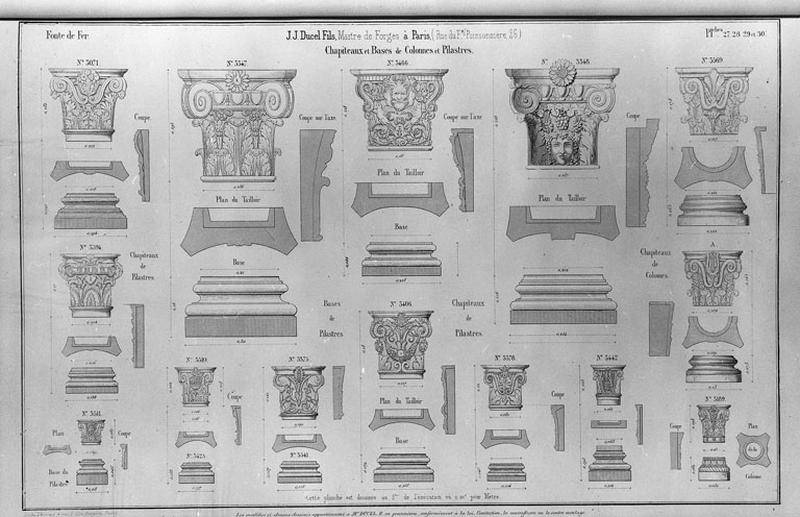 Planches 27, 28, 29 et 30 du catalogue de la fonderie d'art Ducel : chapiteaux et bases de colonnes et pilastres.