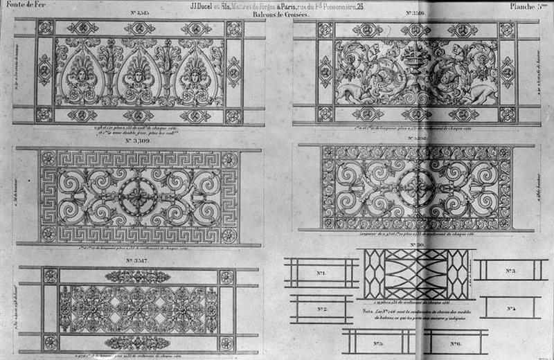 Planche 5 du catalogue de la fonderie d'art Ducel : balcons de croisées.