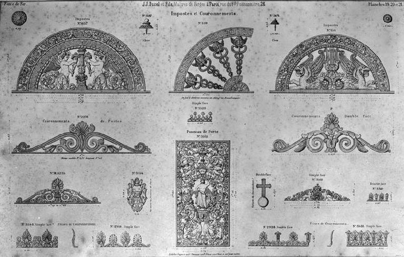 Planches 19, 20 et 21 du catalogue de la fonderie d'art Ducel : impostes et couronnements, panneau de porte.