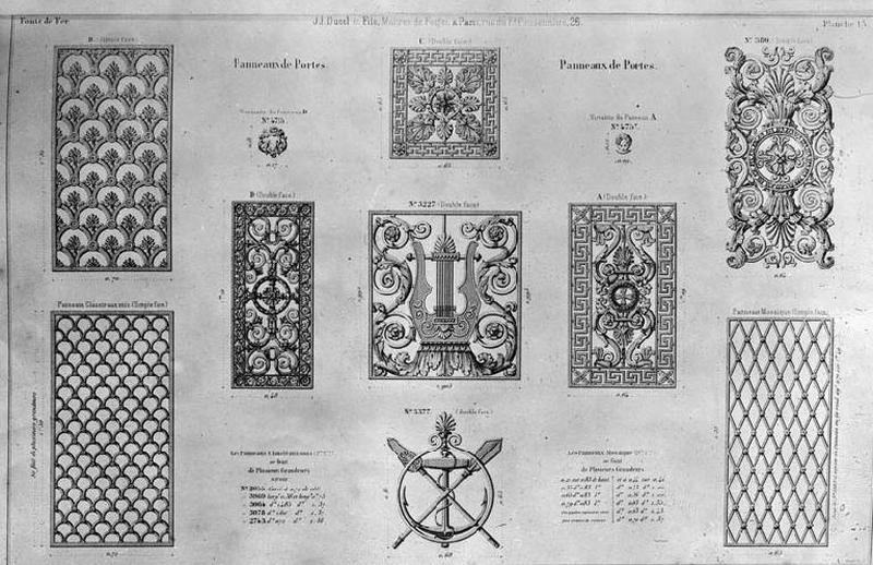 Planche 13 du catalogue de la fodnerie d'art Ducel : panneaux de portes.