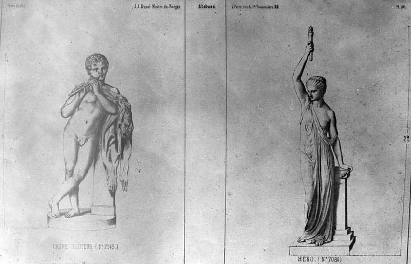 Planche 101 du catalogue de la fonderie d'art Ducel : statues d'Hero et de faune flûteur.