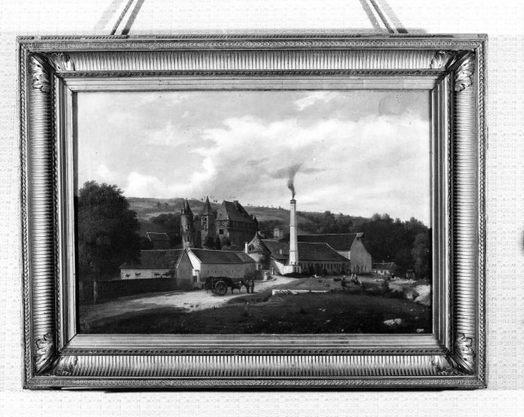Huile sur toile représentant la fonderie et le château : vue d'ensemble.