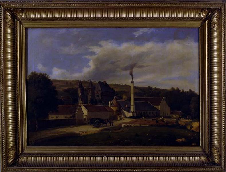 Huile sur toile représentant la fonderie et le château : vue d'ensemble.