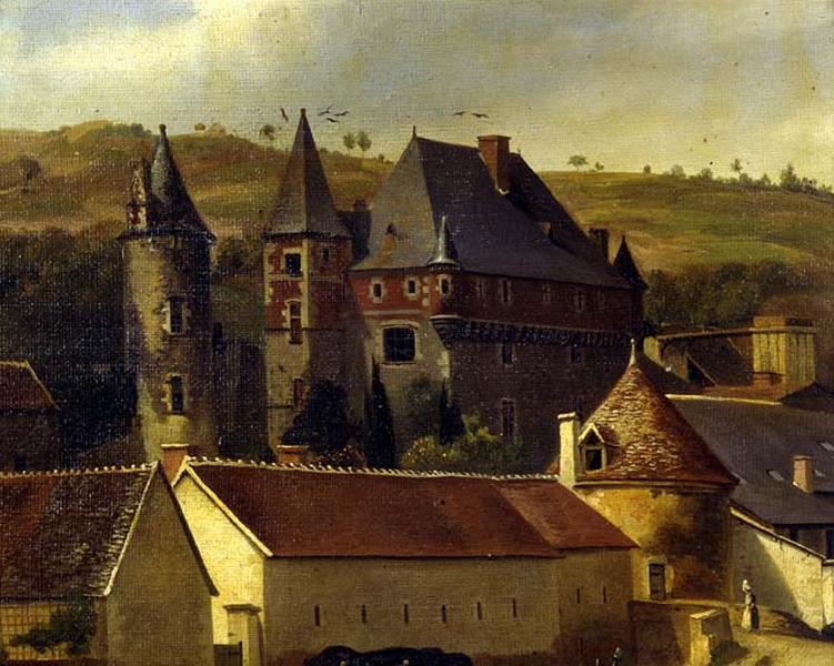 Huile sur toile représentant la fonderie et le château. Détail : château (avant restauration).