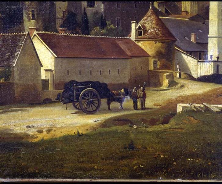 Huile sur toile représentant la fonderie et le château. Détail : entrée de la fonderie.