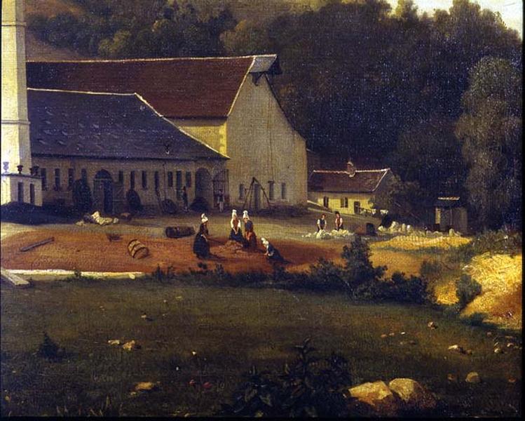 Huile sur toile représentant la fonderie et le château. Détail : femmes et hommes au travail à l'extérieur de l'usine.