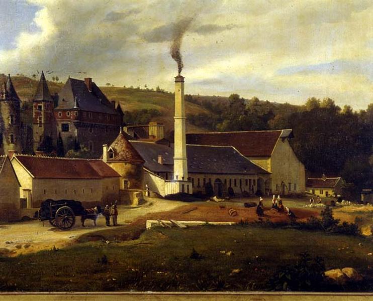 Huile sur toile représentant la fonderie et le château. Détail : fonderie.