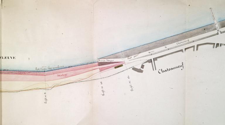 Plan de la cale (détail du projet de reconstruire l'ancien chemin de halage détruit par la crue de 1846), 24 novembre 1849, par le conducteur.  (archives départementales du Loiret, Liasse 30938).