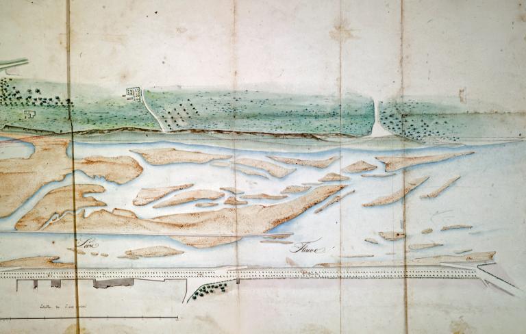 Projet de redressement et de prolongement du quai Tudelle, 15 novembre 1839, par l'ingénieur Lacave. Détail avec mention de cales sur la rive droite. (archives départementales du Loiret, Liasse 30940).