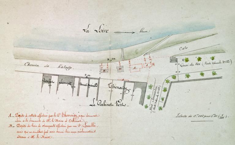 Plan relatif à une lettre de M. le Maire d'Orléans concernant un dépôt de bois sur le chemin de halage du Cabinet vert, 28 janvier 1895. (archives départementales du Loiret, Liasse 30937).