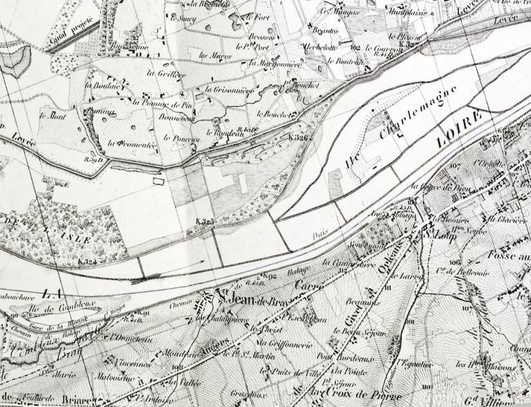 Carte de la Loire de Briare à Nantes par l'ingénieur Coumes (1848) complétée en 1858 par l'ingénieur Collin. (archives départementales du Loiret, Liasse 30936).