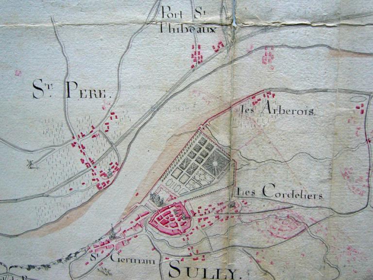 Carte du cours de la Loire, XVIIIe siècle, détail sur Sully-sur-Loire. (archives nationales, site de Paris, CP F 14 10066/4, dossier 4, pièce 5).