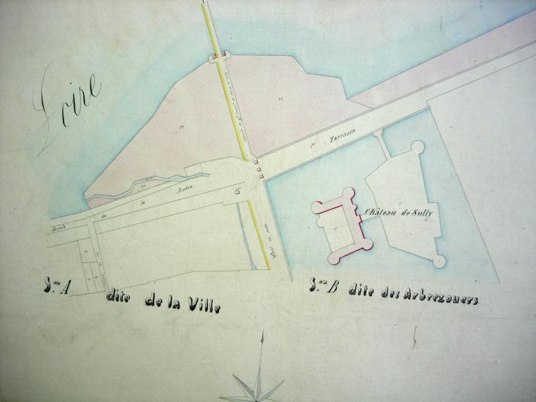 Extrait du cadastre révisé de 1848, détail sur la tête du pont suspendu de Sully côté rive gauche. (archives départementales du Loiret, 3 P 315).