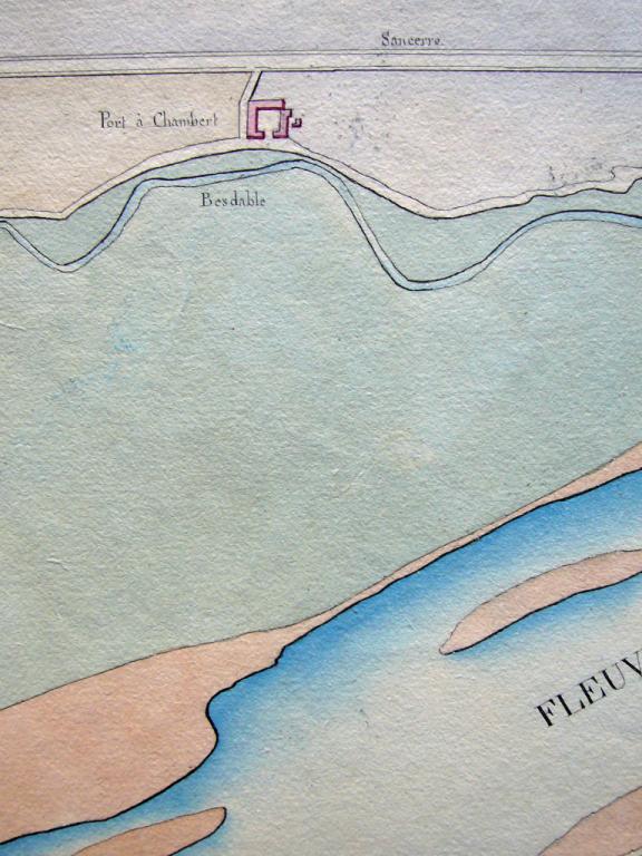 Carte de la Loire par l'ingénieur en chef du Loiret Navarre, 1834. Détail sur le port à Chambert. (archives nationales, site de Paris, CP F 14 10066/1, dossier 1, pièce 1).