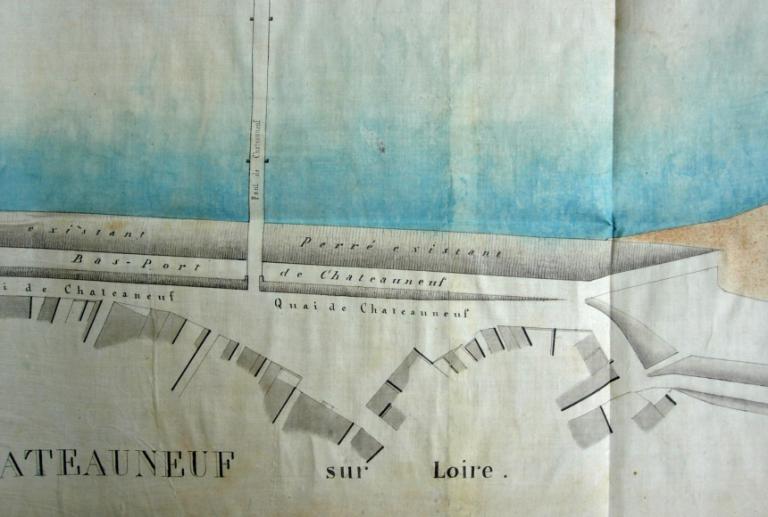 Plan du port de Châteauneuf en 1844 : détail sur la section située en aval du pont. (archives nationales, site de Paris, F 14 6640).