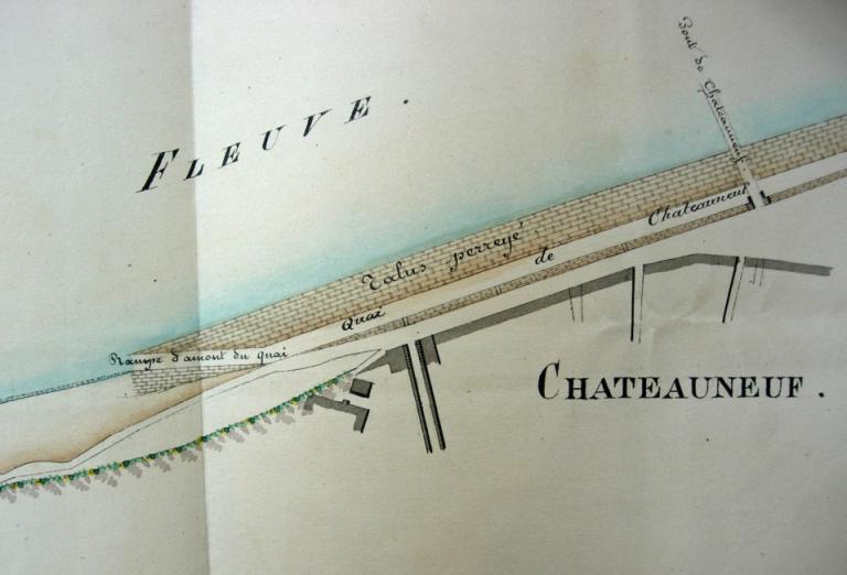 Plan du port de Châteauneuf avec mention de la cale amont, par le conducteur des Ponts-et-Chaussées Boeckh, 3 août 1854. (archives nationales, site de Paris, F 14 6641).