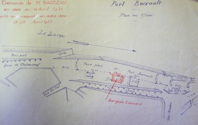 Plan de la partie située en aval du port de Châteauneuf dite port Barrault, 14 avril 1931. (direction départementale de l'équipement, Gien, Boite 319).