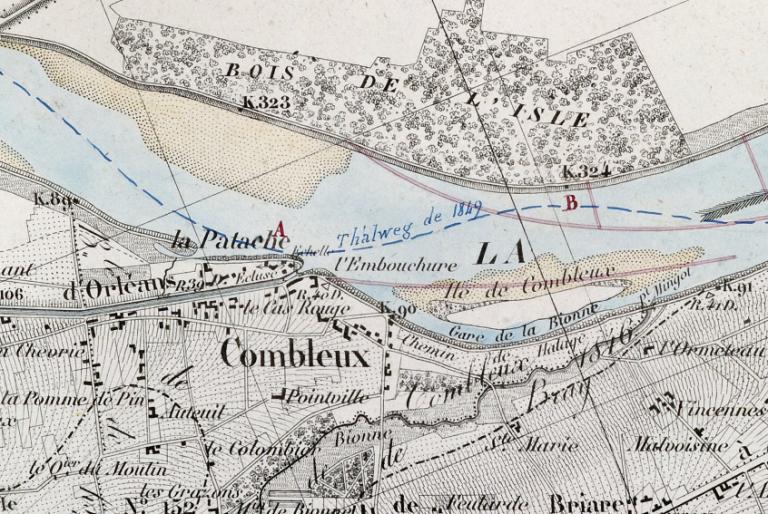 Carte de la Loire par l'ingénieur Coumes, 1848. Détail. (archives nationales, site de Paris, F 14 6640). ; Carte de la Loire par l'ingénieur Coumes, 1848. Détail. (archives nationales, site de Paris, F 14 6640).